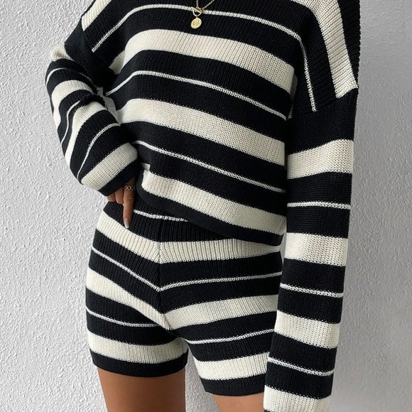 Striped Pattern Drop Shoulder Sweater & Knit Shorts Black - Picture 5 of 5